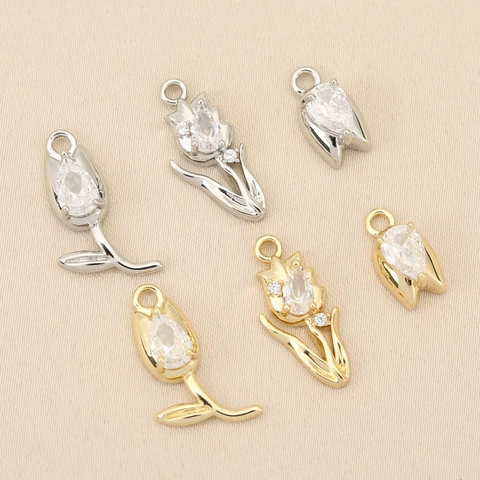 Koper Zirkoon Tulp Bloem Bedel Goud Zilver Verguld Plant Patroon Waterdruppel DIY Accessoires Voor Ketting Vrouwen Sieraden