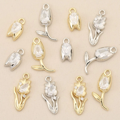Koper Zirkoon Tulp Bloem Bedel Goud Zilver Verguld Plant Patroon Waterdruppel DIY Accessoires Voor Ketting Vrouwen Sieraden