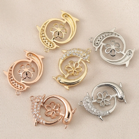 Copper Zirconia Double Dolphin Hugging Flower Pendant Only Without Chain Retro DIY Jewelry Making Accessory For Women