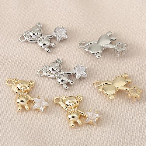 Pendentif Ours Tenant Une Étoile en Cuivre Plaqué Or 18K Charme Zirconia Pour Fabrication de Bijoux DIY Collier Bracelet