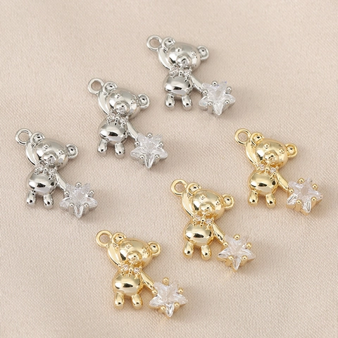Pendentif Ours Tenant Une Étoile en Cuivre Plaqué Or 18K Charme Zirconia Pour Fabrication de Bijoux DIY Collier Bracelet