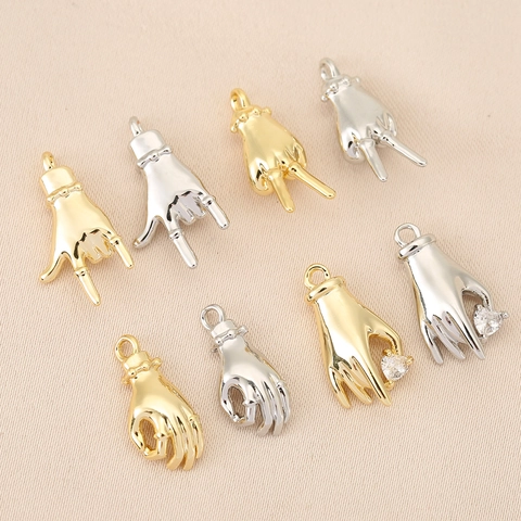 Copper Gesture Hand Pendants Gold Silver Plated Rhinestone Heart Charms For DIY Necklace Bracelet Earrings Jewelry Making