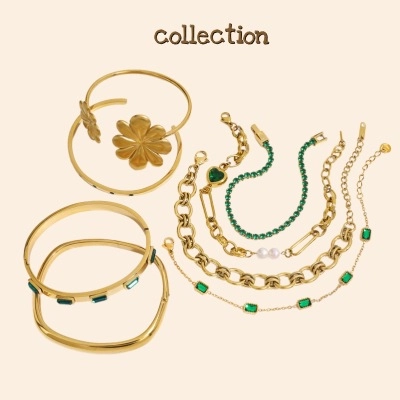 Fashion Stainless Steel Heart Green Rhinestone Bangle For Women Gold Plated Emerald Green Rhinestone Style Bracelet Jewelry