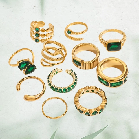 Anello in Acciaio Inossidabile con Zirconia Vintage per Donna Leggero Lusso Pietra Verde Cuore Serpente Geometrico Gioielli Galvanici Regalo Anello