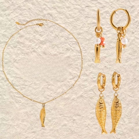 Collana e Orecchini in Acciaio Inossidabile con Ciondolo a Pesce Fiocco Stella per Donna Placcato Oro 18K Impermeabile Ipoallergenico