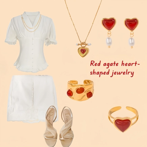 Collier Pendentif Agate Cœur Rouge en Acier Inoxydable Vintage Boucles d'Oreilles Perles Artificielles Plaqué Or Bague Ouverte Réglable Femme