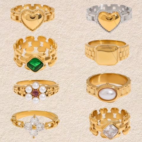 Anello Cinturino Orologio in Acciaio Inossidabile per Donna Placcato Oro Quadrifoglio Cuore Fiore Perla Artificiale Strass Gioielli