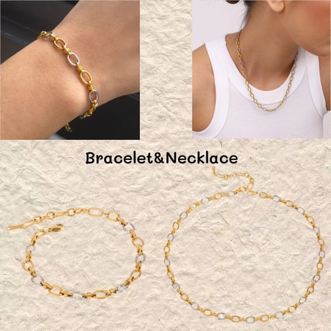 Parure de Bijoux Collier Bracelet en Acier Inoxydable Plaqué Or 18K Bicolore Or Argent Étanche Hypoallergénique Chaîne à Maillons Ovales pour Femmes