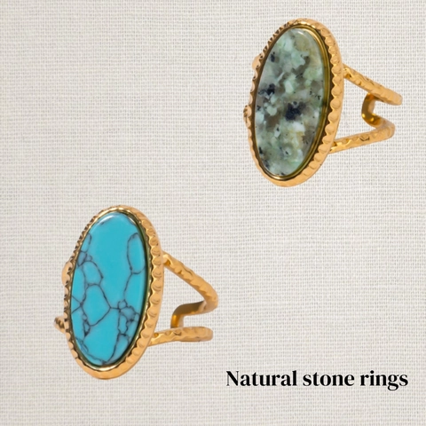 Anello Vintage in Acciaio Inossidabile Pietra Naturale Turchese Per Donna Placcato Oro Boho Regolabile Impermeabile Gioielli