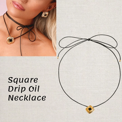 Collar de Acero Inoxidable de Goteo de Aceite Negro Cuadrado Vintage para Mujer Joyería Geométrica Chic Impermeable