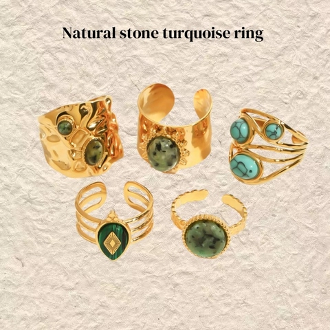 Anello Vintage in Acciaio Inossidabile Pietra Naturale Turchese Per Donna Placcato Oro Boho Regolabile Impermeabile Gioielli