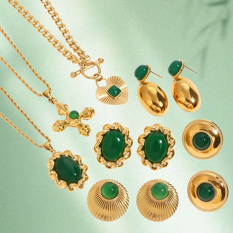 Conjunto de Joyería Vintage de Acero Inoxidable Piedra Verde Esmeralda Collar Colgante Corazón Cruz Pendientes Chapados en Oro para Mujer