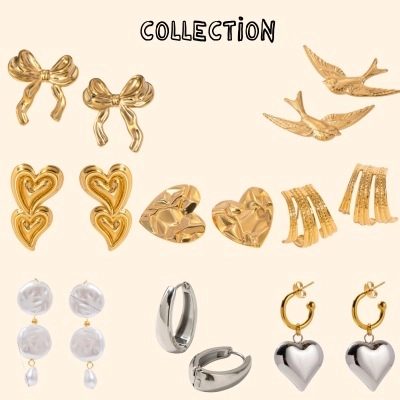 Orecchini a Bottone a Forma di Cuore con Fiocco in Acciaio Inossidabile Oro Argento Zircone Perla Artificial per Donna