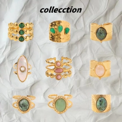 Anelli Vintage in Acciaio Inossidabile Placcato Oro 18k per Donna Anelli Aperti Regolabili Intarsiati con Turchese