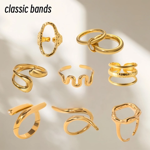 Anello Aperto in Acciaio Inossidabile Placcato Oro 18K per Donna Gioielli di Moda Regolabili Geometrici Minimalisti a Onda