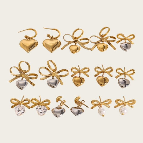 Orecchini a Bottone a Forma di Cuore con Fiocco in Acciaio Inossidabile Oro Argento Zircone Perla Artificial per Donna