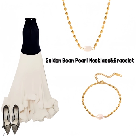 Collier et Bracelet en Acier Inoxydable avec Perle d'Eau Douce Style Français pour Femme Élégante Chaîne à Maillons Ovales Dorés