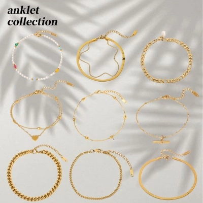 Cavigliera in Acciaio Inossidabile Placcato Oro 18K per Donna Vintage Croce Foglia Cuore Perla Artificial Catena Charme Piedi