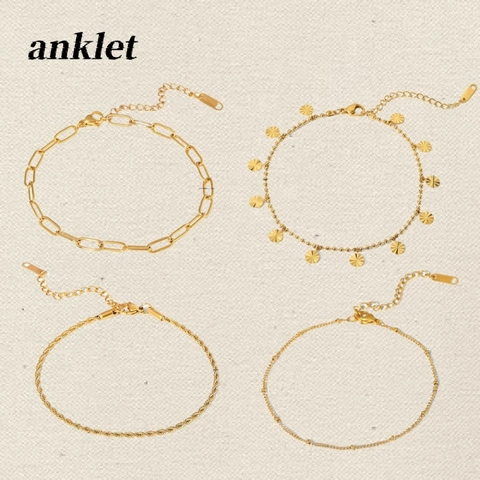 Cavigliera in Acciaio Inossidabile Placcato Oro 18K per Donna Vintage Croce Foglia Cuore Perla Artificial Catena Charme Piedi