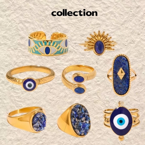 Anillo de Acero Inoxidable Dorado Bohemio para Mujer Ojo Turco Piedra Natural Sol Luna Estrella Anillo Abierto Ajustable Joyería de Moda