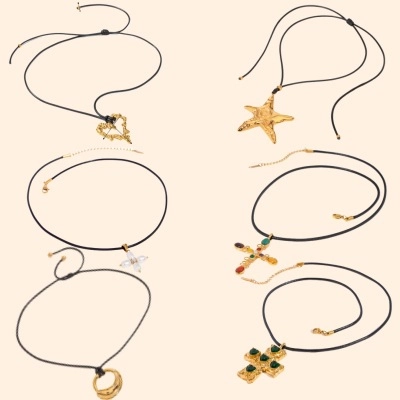 Collana con Pendente in Acciaio Inossidabile Minimalista da Donna con Cordino Cerato Nero Placcato Oro Argento Gioielli Geometrici Cuore Stella Marina