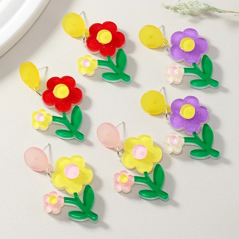 Cute Acrylic Flower Drop Earrings For Women Sweet Floral Leaf Dangle Earrings Fresh Style Girly Jewelry Fashion Accessory