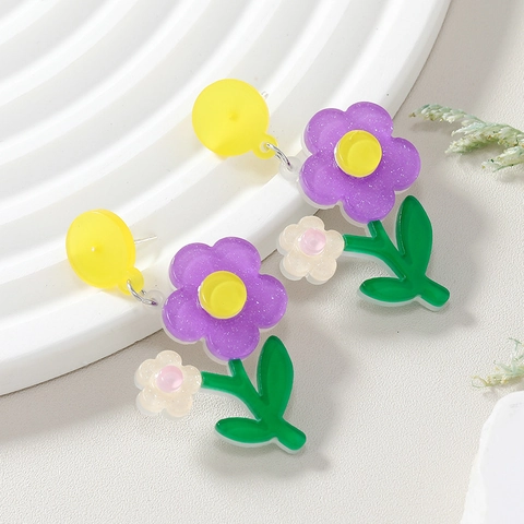 Cute Acrylic Flower Drop Earrings For Women Sweet Floral Leaf Dangle Earrings Fresh Style Girly Jewelry Fashion Accessory