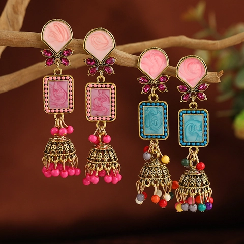 Vintage Bohemian Jhumka Bell Earrings Colorful Enamel Floral Rhinestone Tassel Ethnic Drop Earrings For Women Handmade