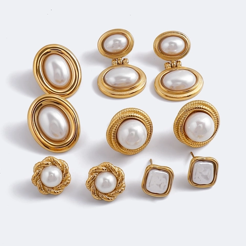Orecchini a Bottone con Künstliche Perle in Acciaio Inossidabile Vintage Francese Placcato Oro Geometrico Elegante Gioielli per Donna