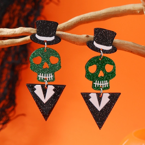 Halloween Skeleton Skull Dangle Earrings Top Hat Acrylic Glitter Geometric Triangle Suit Ear Drop For Women Festival Jewelry