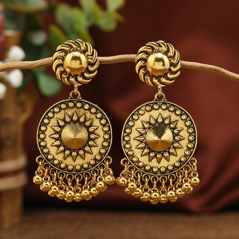 Bohemian Vintage Alloy Sun Pattern Drop Earrings With Tassels Ethnic Tribal Style Jewelry For Women Belly Dance Performance