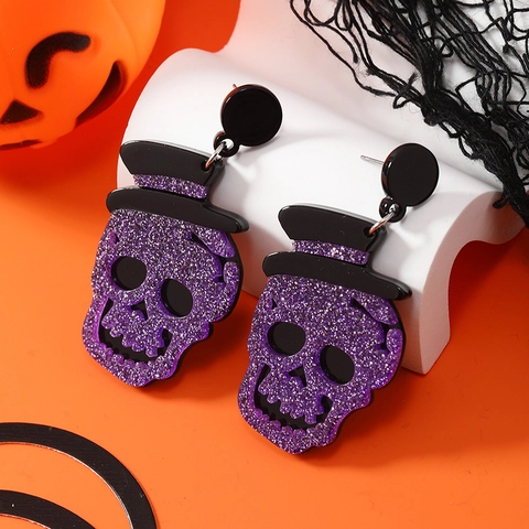 Pendientes Colgantes de Calavera con Purpurina para Halloween Con Sombrero Negro Acrílico Aleación Gótico Fiesta Joyería Mujer