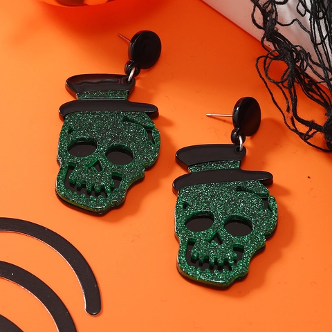 Pendientes Colgantes de Calavera con Purpurina para Halloween Con Sombrero Negro Acrílico Aleación Gótico Fiesta Joyería Mujer