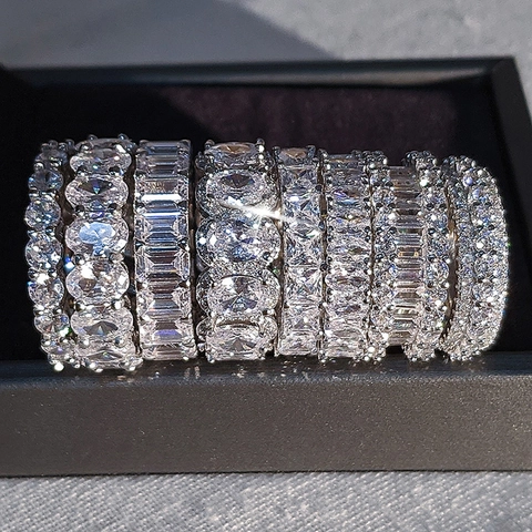 Luxury Copper Zirconia Eternity Ring For Women European Sparkling Full Zircon Geometric Ring Wedding Party Jewelry Finger Ring