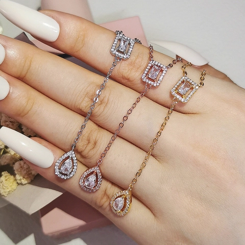 Copper Zirconia Lariat Necklace Rectangle Pear Shaped Pendant Minimalist Y2K Style Long Chain Jewelry For Women Elegant Gift