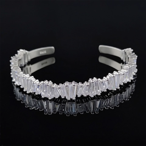Elegant Alloy Baguette Cut Cubic Zirconia Open Bangle For Women Luxury Gold Silver Rose Gold Plated Fashion Jewelry Adjustable Bracelet