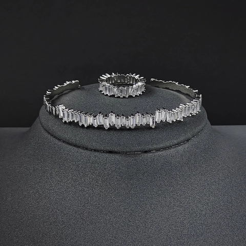 Luxus Kupfer Baguette Schliff Zirkonia Armreif Und Ring Für Damen Western Trendy Funkelnd Hochzeit Party Schmuck Zubehör
