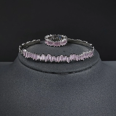 Luxus Kupfer Baguette Schliff Zirkonia Armreif Und Ring Für Damen Western Trendy Funkelnd Hochzeit Party Schmuck Zubehör