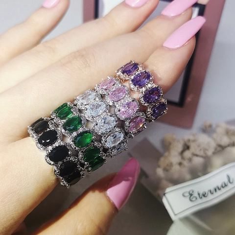 Luxurious Copper Eternity Ring Oval Cut High Grade Rhinestone Pave Wedding Band For Women Elegant Fashion Engagement Jewelry