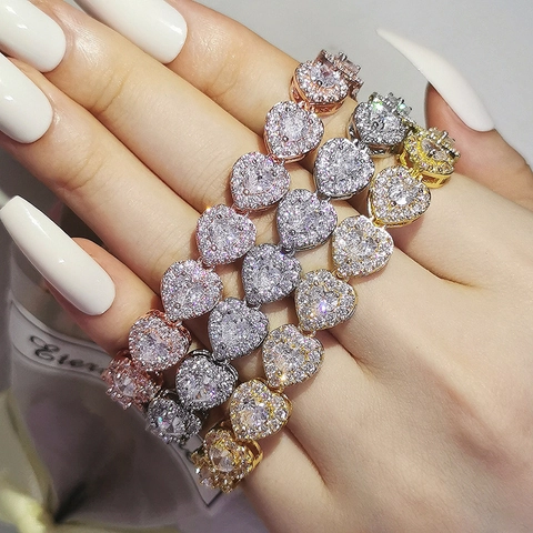 Luxury Alloy Zirconia Heart Rectangle Link Bracelet For Women Iced Out Tennis Bracelet Fashion Jewelry Hip Hop Wristband