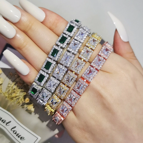 Luxury Alloy Zirconia Heart Rectangle Link Bracelet For Women Iced Out Tennis Bracelet Fashion Jewelry Hip Hop Wristband