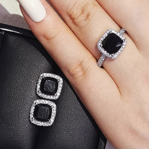 Copper Square Cushion Cut Halo Rhinestone Earrings And Ring For Women Wedding Party Luxury Fashion Jewelry