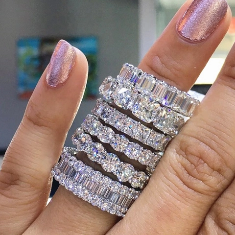 Luxury Copper Zirconia Eternity Ring For Women European Sparkling Full Zircon Geometric Ring Wedding Party Jewelry Finger Ring