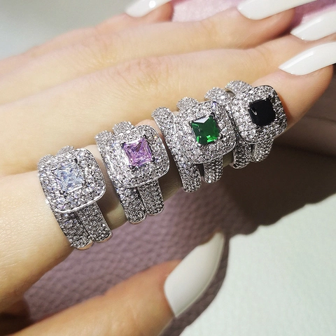 Luxurious Copper Rhinestone Wedding Ring Set For Women Princess Cut Square Stone Halo Pave Band Geometric Finger Jewelry