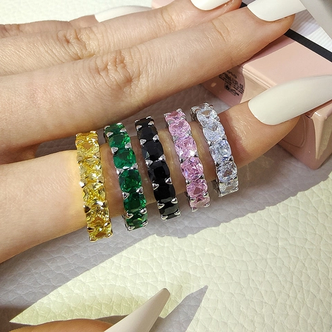 Luxurious Eternity Rhinestone Inlaid Copper Ring For Women Square Cut Multi Color Engagement Party Wedding Band Minimalist Fashion Jewelry