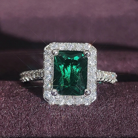 Emerald Cut Copper Zirconia Halo Ring For Women Luxury Rectangle Gemstone Engagement Wedding Party Fashion Jewelry Finger Ring