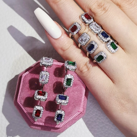 Luxury Emerald Cut Rectangle Zircon Open Adjustable Ring For Women Colorful Stone Copper Fashion Jewelry Gift Ring