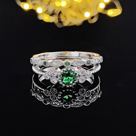 Vintage Koper Zirkonia Ringenset Dames Smaragd Saffier Kleur Rond Micro Ingelegd Stapelbare Bruiloft Verlovingsringen