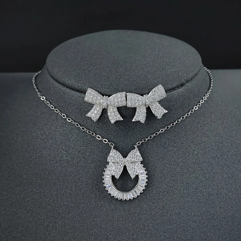 Elegant Bowknot Zircon Jewelry For Women Silver Plated Copper Round Circle Pendant Necklace And Bow Stud Earrings Wedding Party Accessories