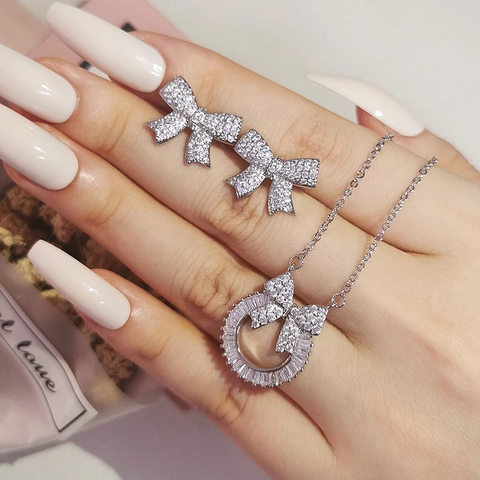 Elegant Bowknot Zircon Jewelry For Women Silver Plated Copper Round Circle Pendant Necklace And Bow Stud Earrings Wedding Party Accessories